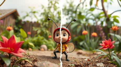 Discover a captivating split image depicting an adorable, bug-sized hero embarking on an exciting adventure through a vibrant