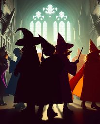 A captivating scene featuring silhouetted young wizards in a bright and vibrant magical school setting. The backlighting acce