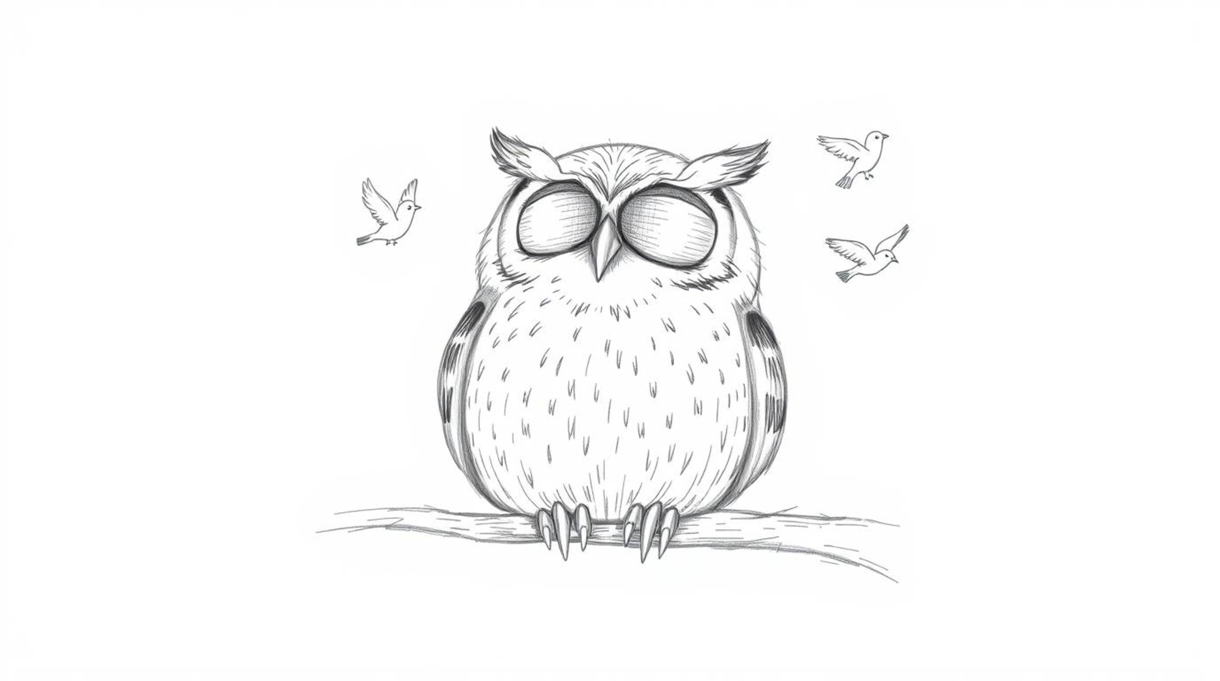 This collection showcases a hand-drawn pencil sketch of a blind owl, rendered in a Pixar-esque style.  The owl rests peaceful
