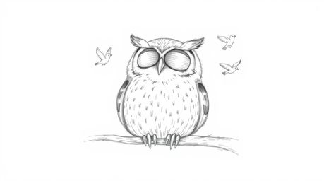 This collection showcases a hand-drawn pencil sketch of a blind owl, rendered in a Pixar-esque style.  The owl rests peaceful