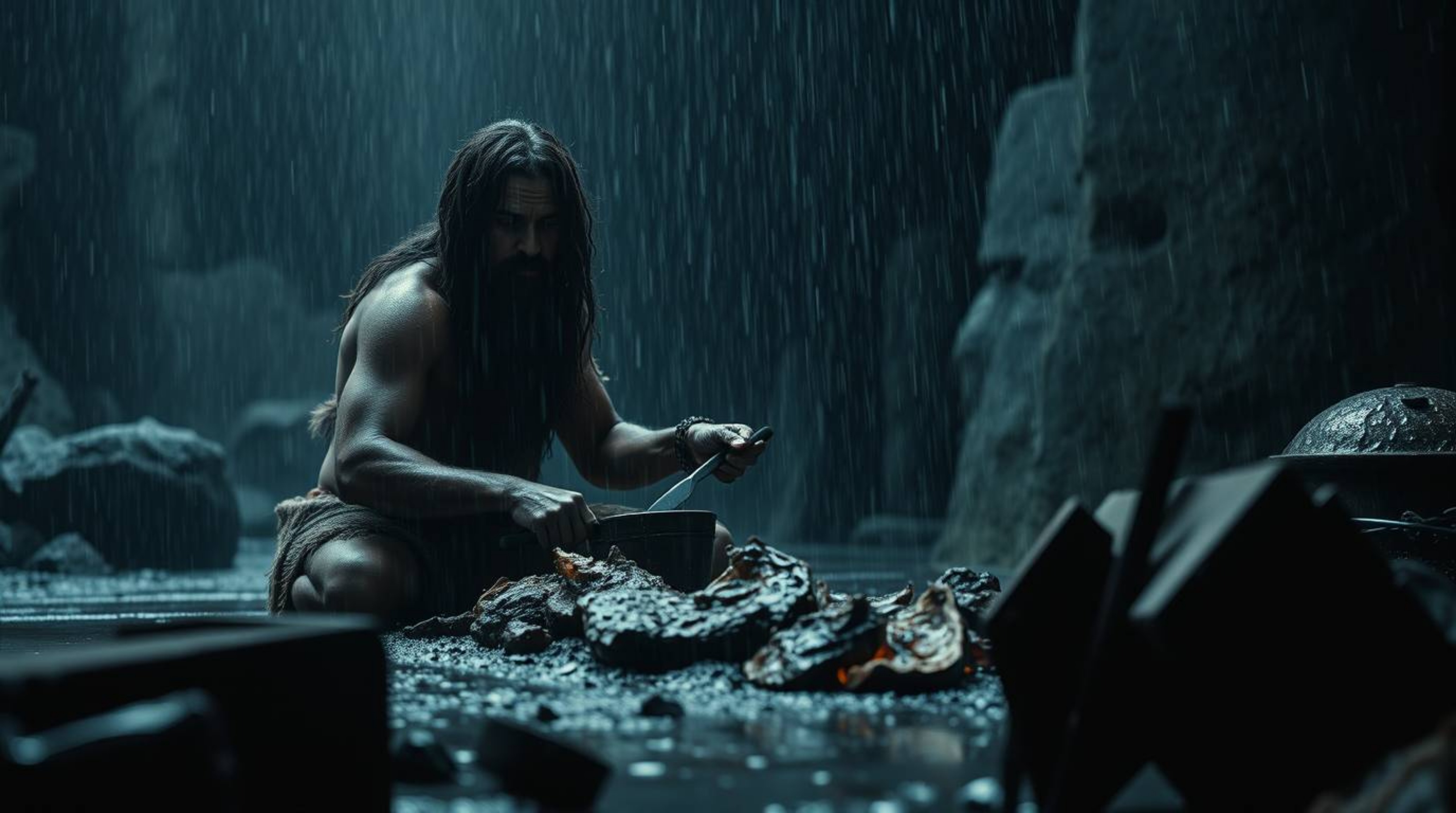 A captivating image depicts a caveman skillfully cooking mammoth meat amidst a dramatic, wet, and rainy scene.  The artwork i