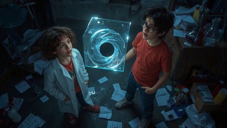 In a cinematic, high-contrast photograph reminiscent of Pixar's vibrant style, a dynamic science fair duo stands amidst a clu
