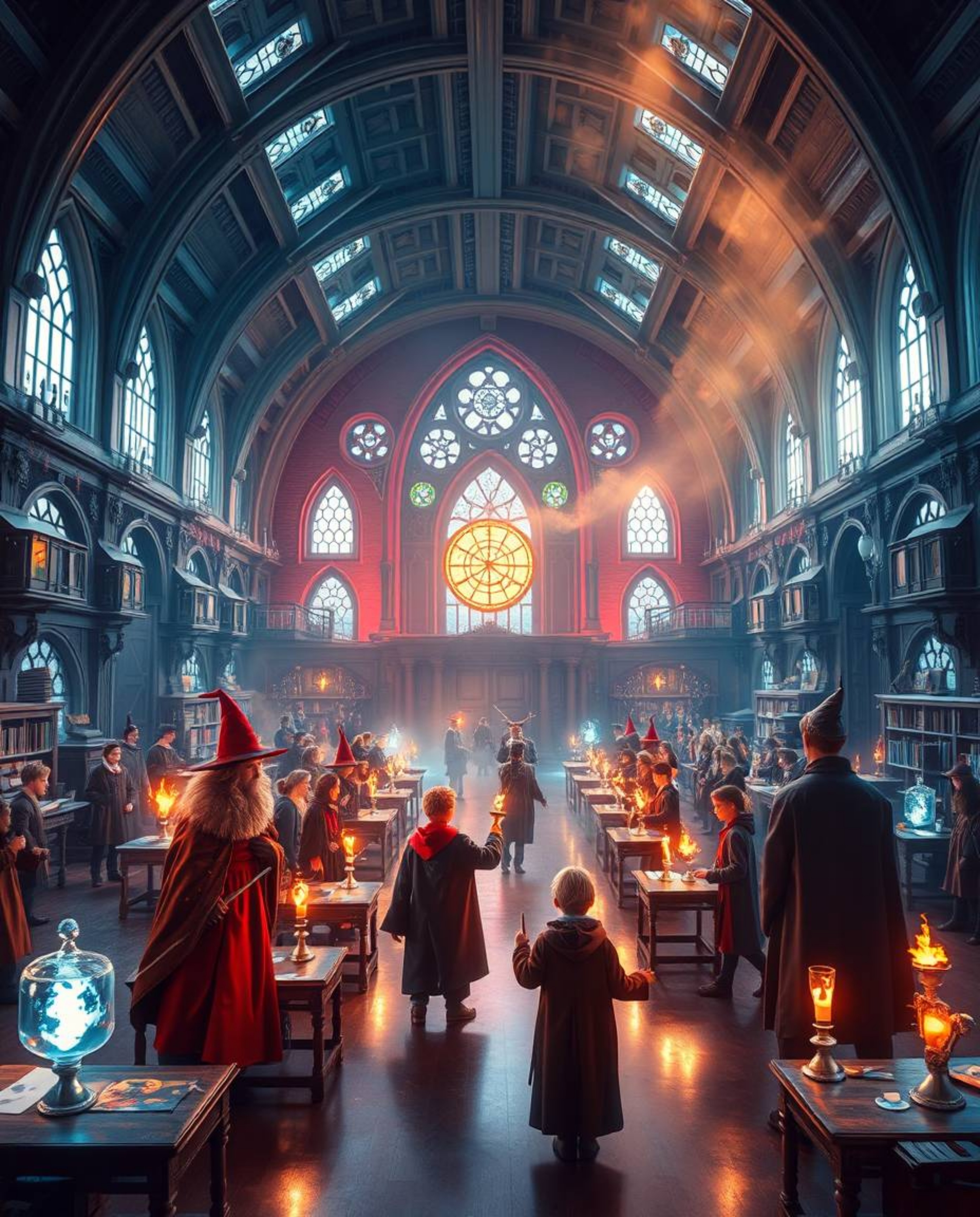 This high-resolution stock photo captures a grand, epic scene of a magical school brimming with young wizards in a modern, fu