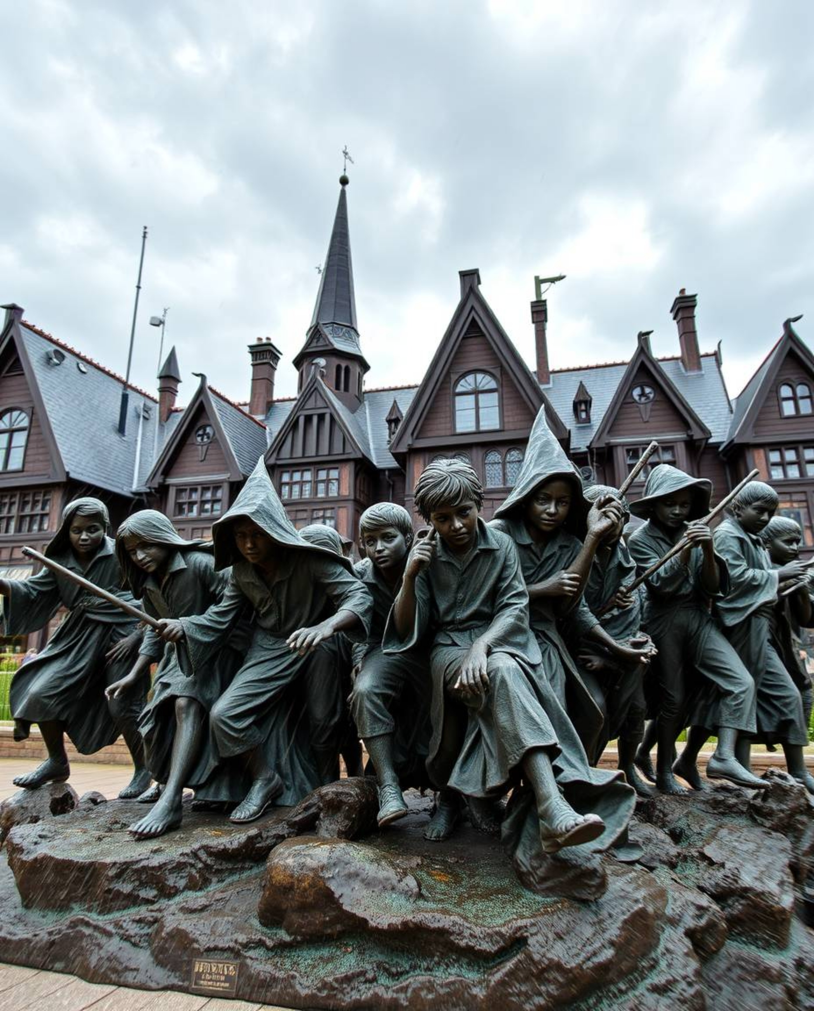 A captivating cast bronze sculpture portrays a magical school teeming with young wizards, immersed in a dynamic and intense w