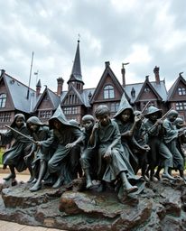 A captivating cast bronze sculpture portrays a magical school teeming with young wizards, immersed in a dynamic and intense w