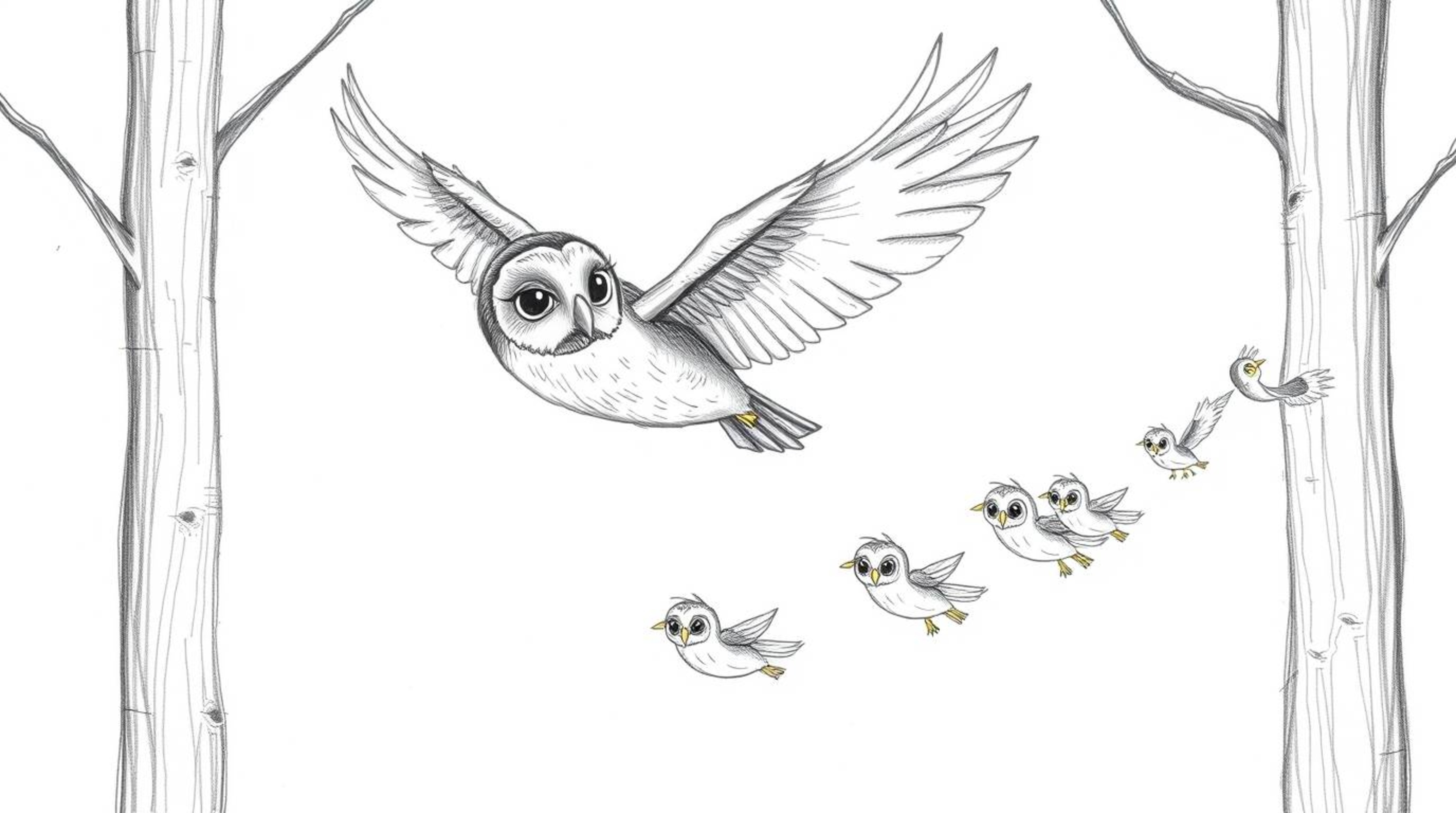 A heartwarming Pixar-inspired, hand-drawn pencil sketch depicts a blind owl with intricately textured feathers gracefully gli