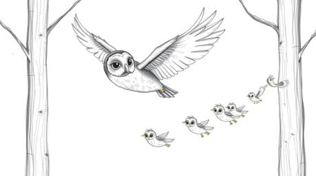 A heartwarming Pixar-inspired, hand-drawn pencil sketch depicts a blind owl with intricately textured feathers gracefully gli
