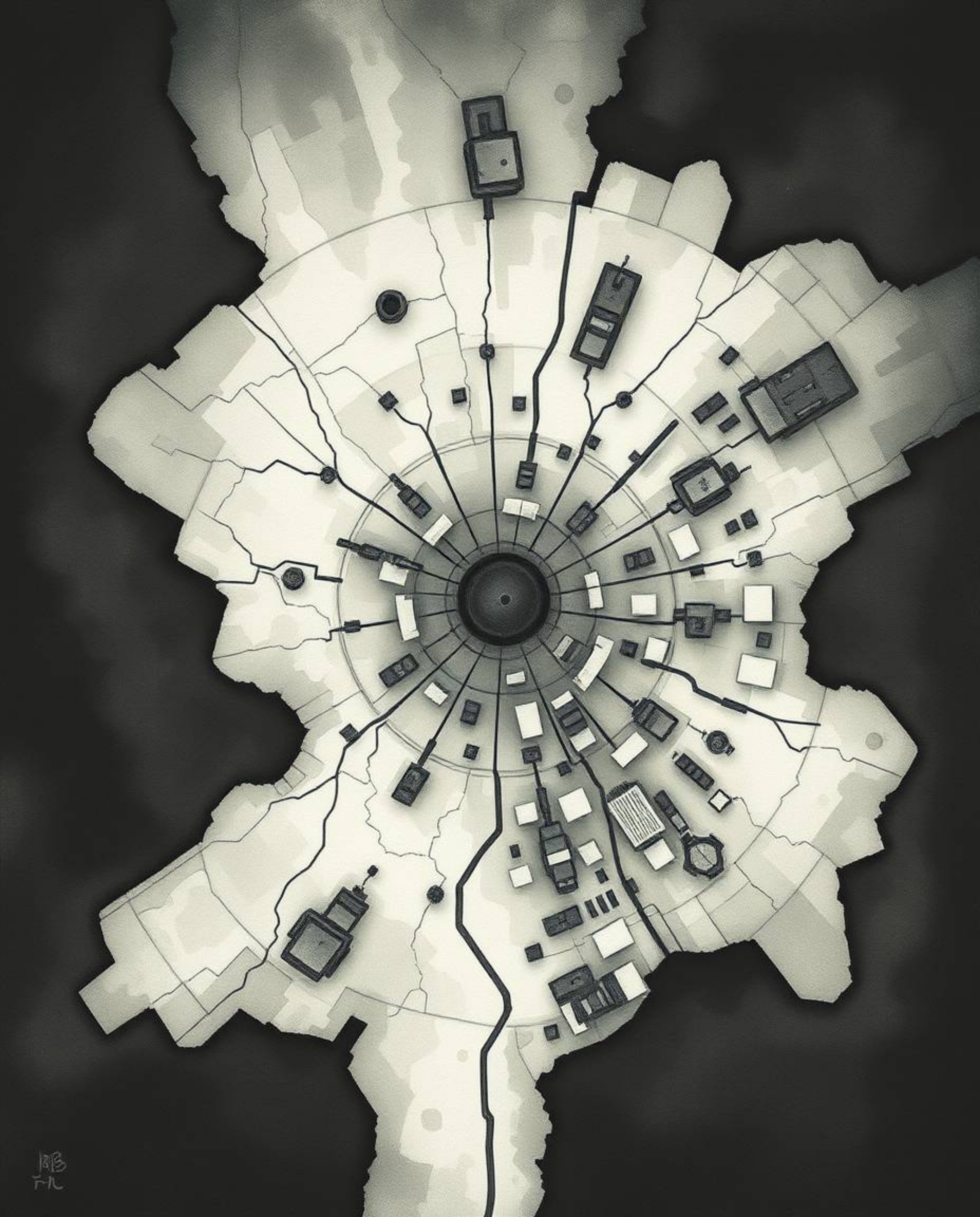 This abstract watercolor painting presents a unique city map composed of geometric shapes, viewed from above.  The artwork ev