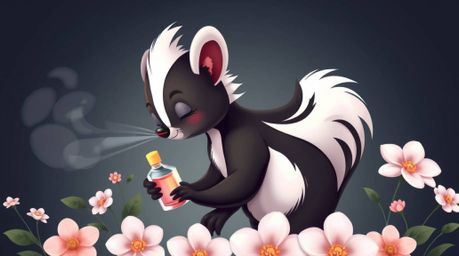 A graceful and elegant cartoon skunk delicately sprays perfume on flowers in this vibrant artwork. Featuring smooth gradient