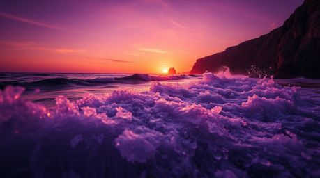 A breathtaking close-up captures the dramatic moment waves crash against rugged cliffs as the sun sets, painting the sky in v
