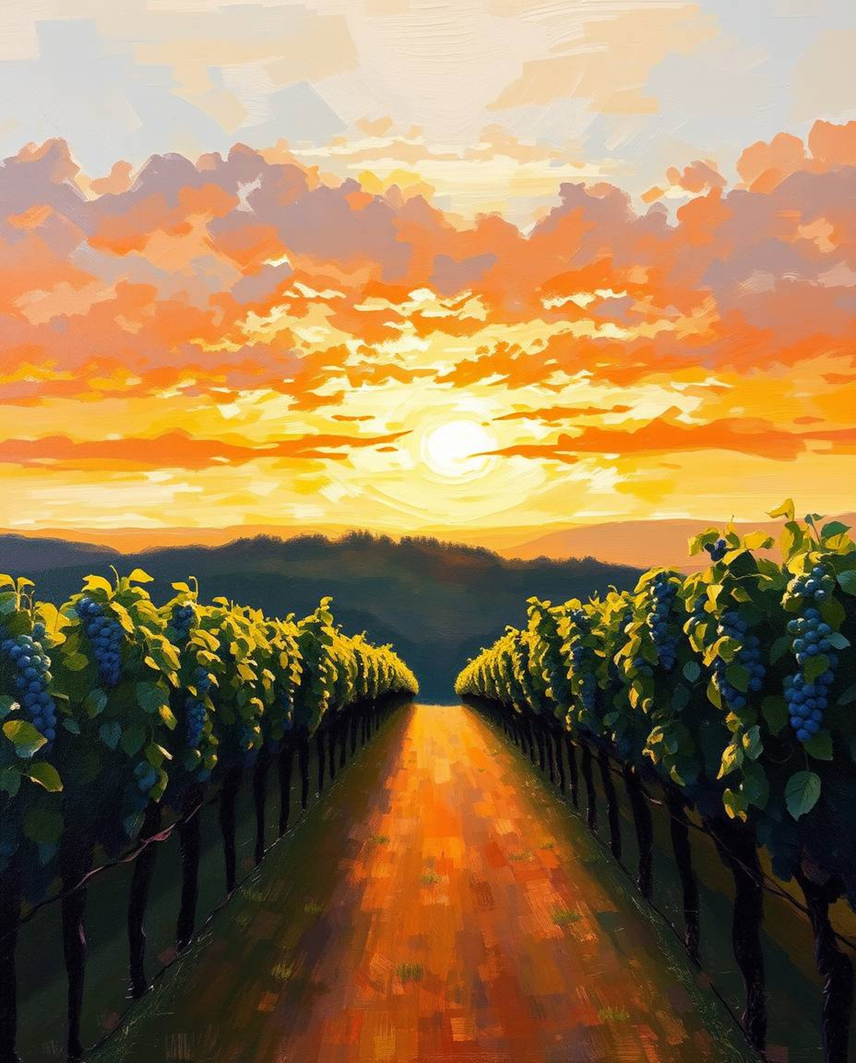 This classic oil painting beautifully depicts a sunset over a vineyard, characterized by its use of gentle soft light and ric