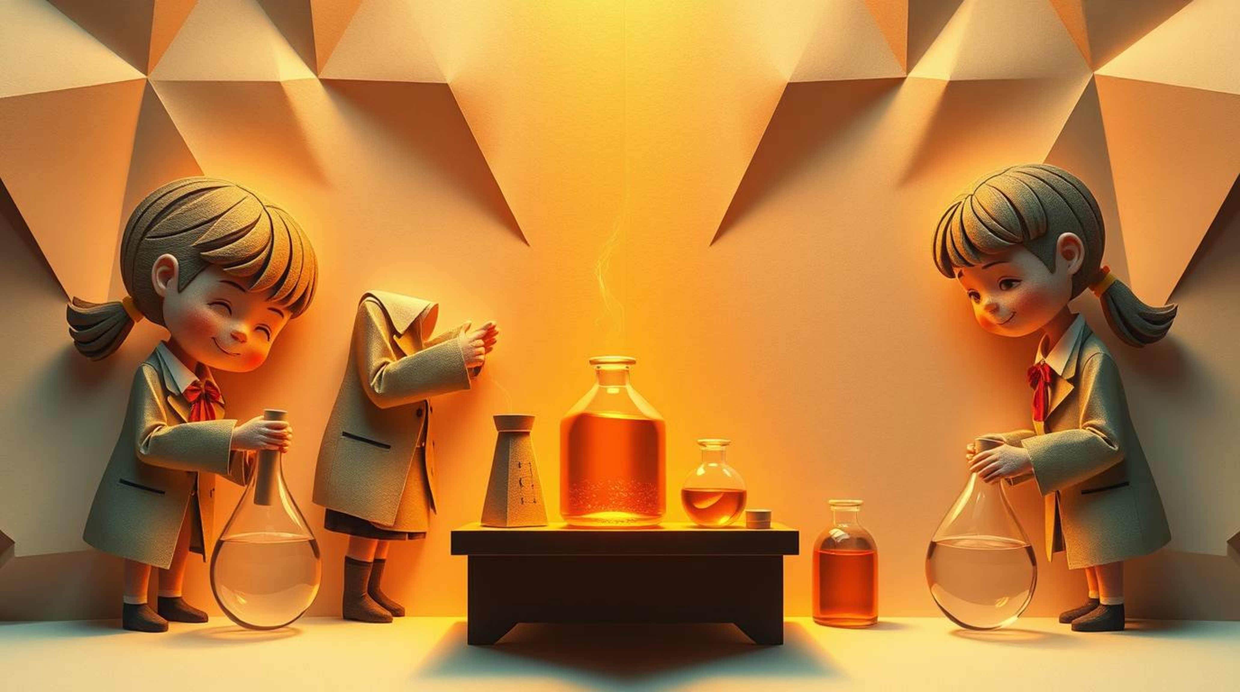 An intricate origami-style illustration captures a group of quirky kids in school uniforms engrossed in experiments, bathed i