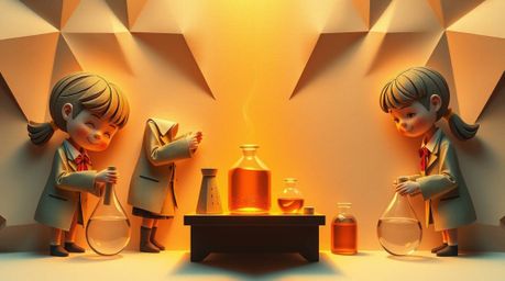 An intricate origami-style illustration captures a group of quirky kids in school uniforms engrossed in experiments, bathed i