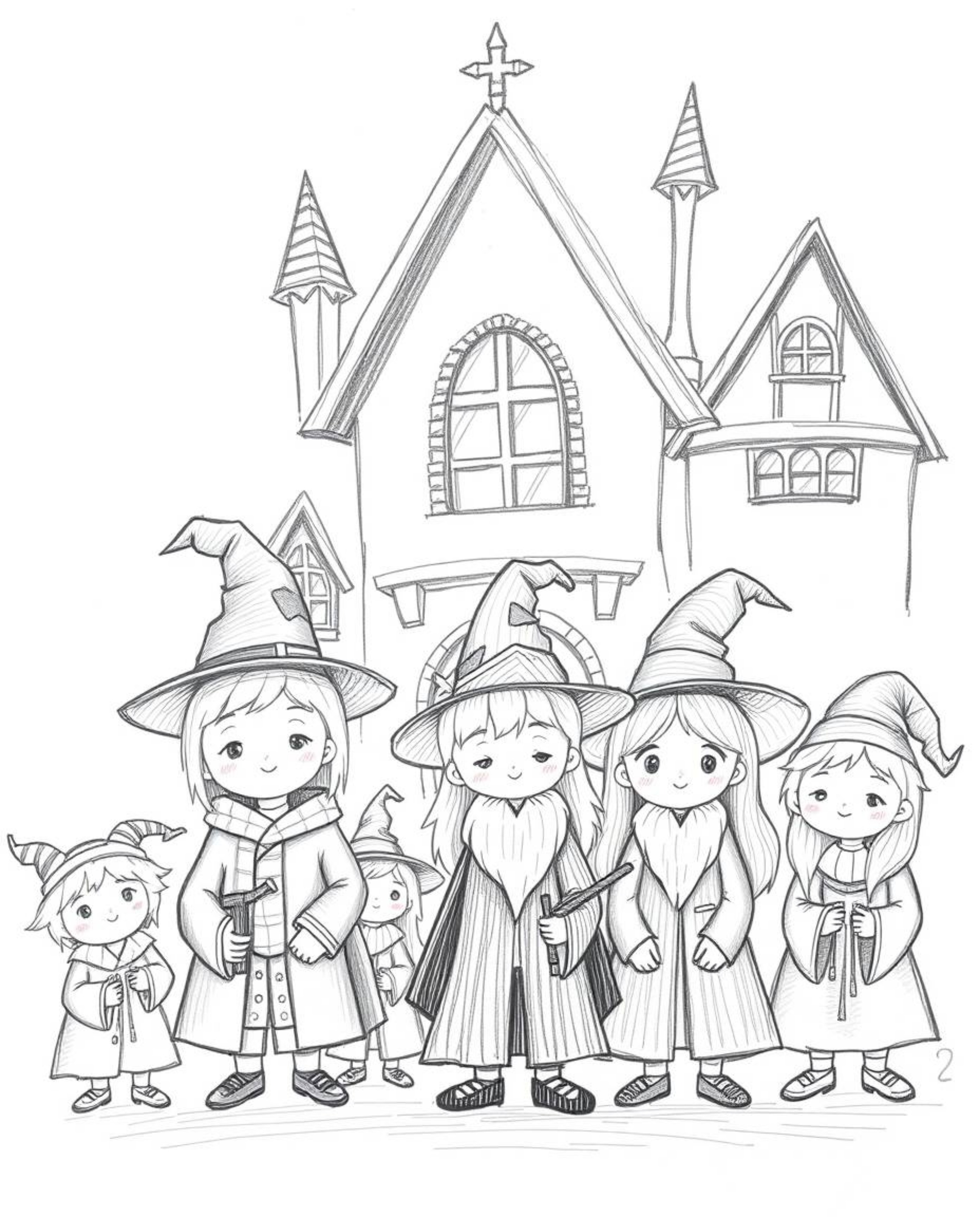 Explore a hand-drawn sketch of a magical school teeming with adorable young wizards, rendered in a cute and whimsical style. 