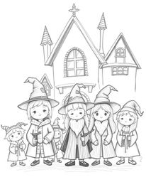 Explore a hand-drawn sketch of a magical school teeming with adorable young wizards, rendered in a cute and whimsical style. 
