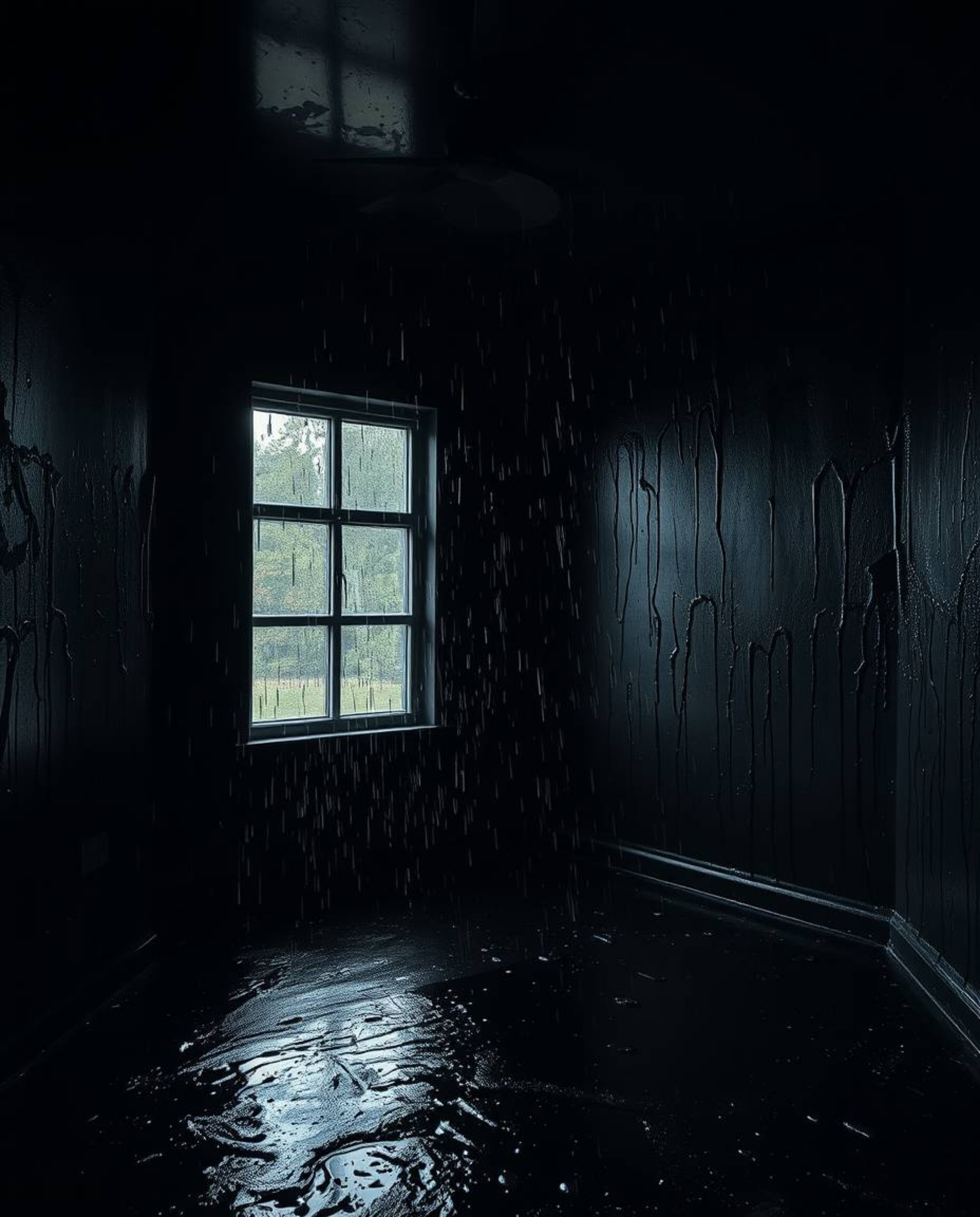 Explore a room bursting with vibrant paint, meticulously rendered in stark jet black, profound shadows, and glistening rain t