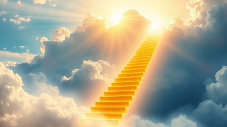 A vibrant image depicts a golden staircase ascending through luminous clouds towards a glowing heavenly realm. Sunlight pierc