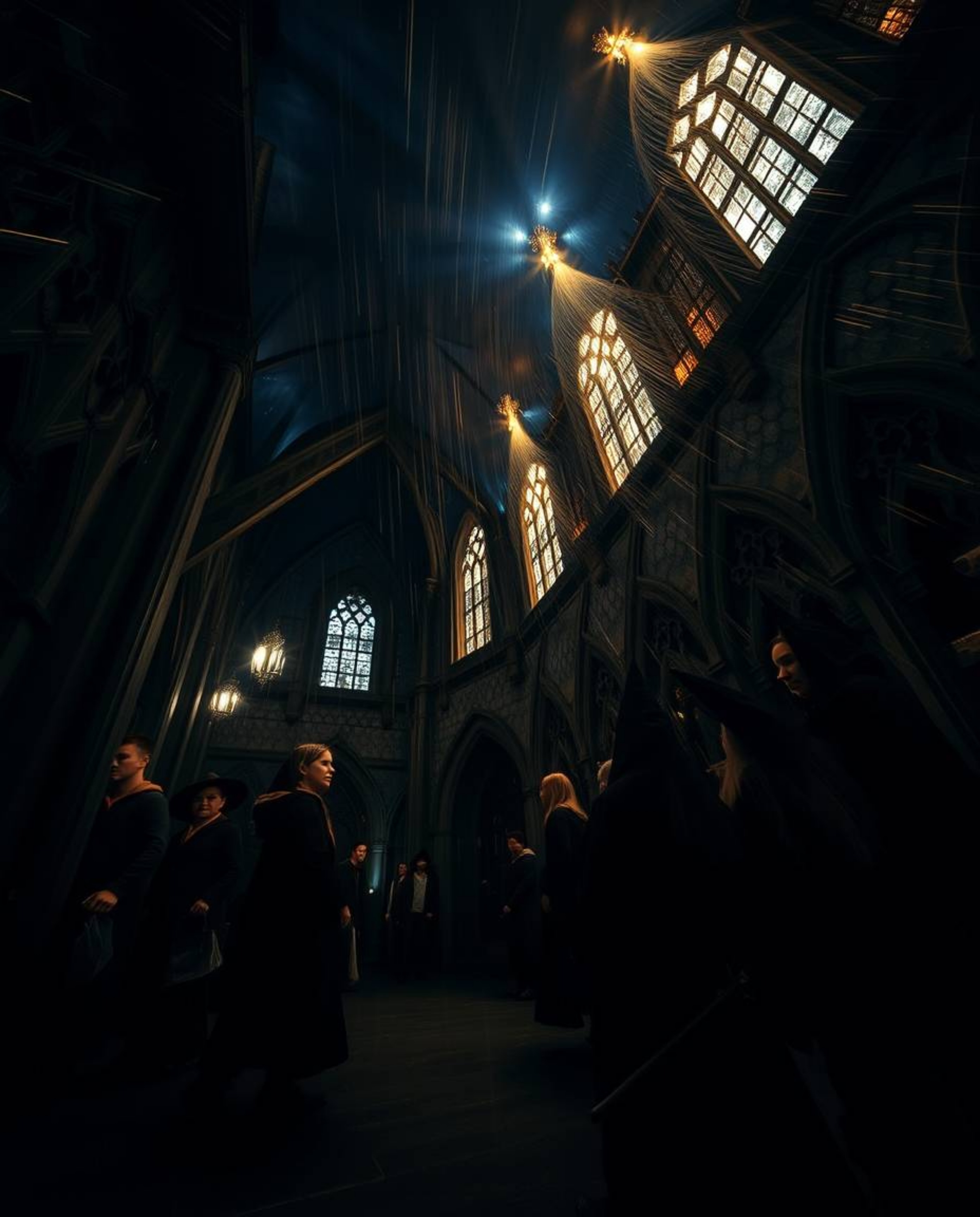 A captivating low-angle, long-exposure photograph depicts a magical school brimming with young wizards. Motion trails of lig