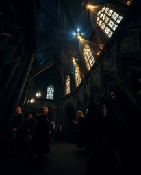 A captivating low-angle, long-exposure photograph depicts a magical school brimming with young wizards. Motion trails of lig