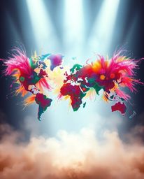A vibrant and imaginative world map emerges from a chaos of bright, colorful splashes, showcasing a creative abstract concept