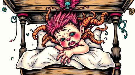 A captivating tattoo art print depicts a child and a monster under the bed, forming an unlikely friendship.  The design boast