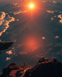 Experience a sunset from a high alpine peak through a futuristic sci-fi lens with this stunning overhead, top-down perspectiv