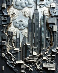 A dynamic papier-mâché sculpture depicts a glitchy digital landscape with distorted skyscrapers and static noise.  Intense dr