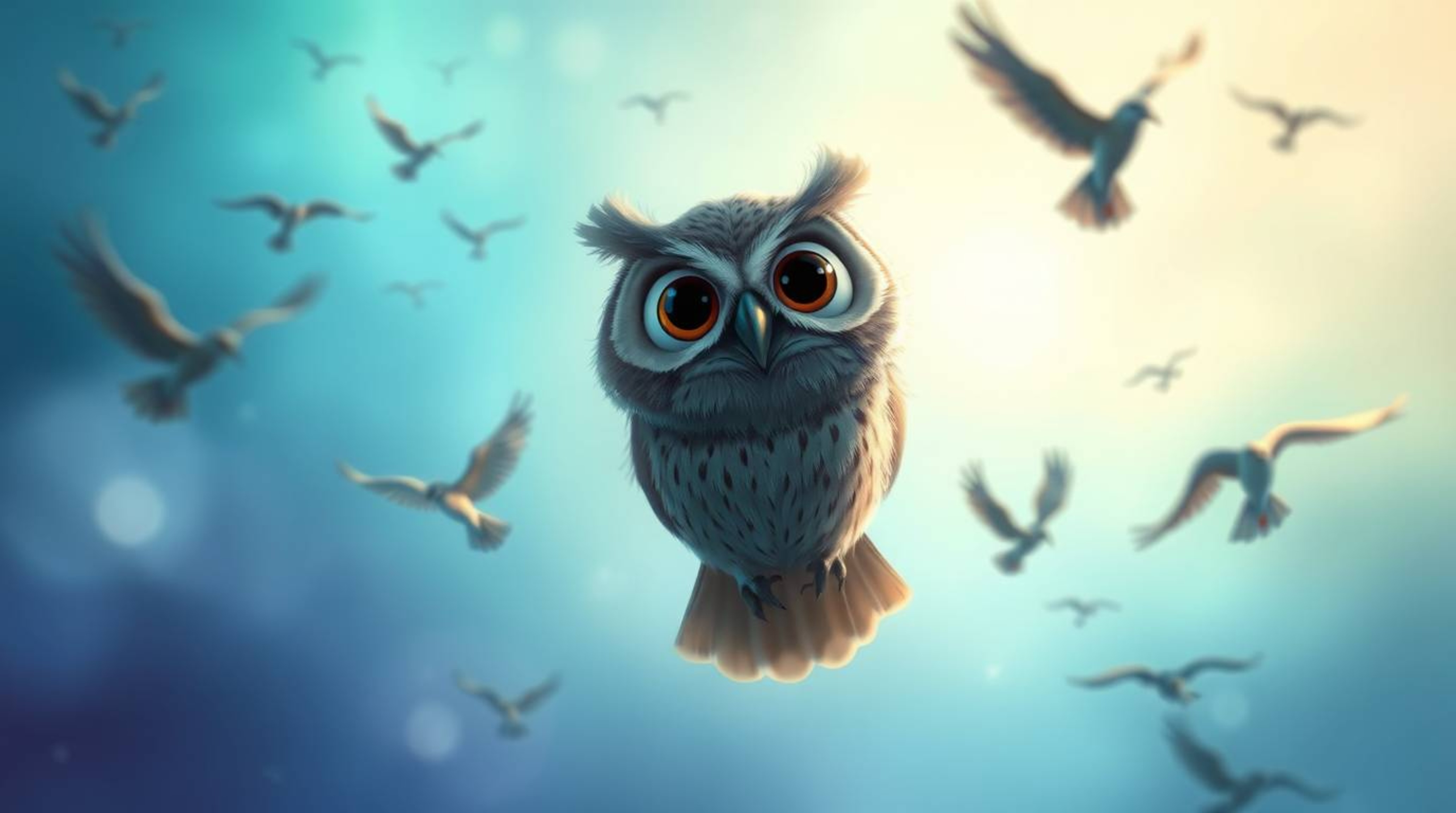 A Pixar-style illustration, created with a long exposure effect, depicts a blind owl with large, wise eyes as it teaches bird