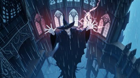 A captivating high-angle shot depicts a classic Disney villain casting a spell within a rain-soaked castle.  The scene is evo