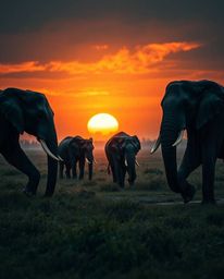 This is a powerful depiction of a wet, rainy scene showing elephants walking across a field at sunset. The image is rendered 