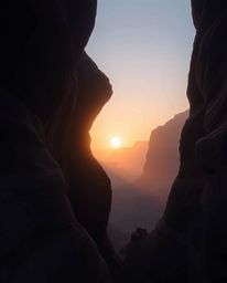 A dreamy photograph with a distinct split composition depicts a hazy sunset illuminating sandstone cliffs in a canyon. The im