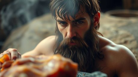 A tight close-up shot depicting a caveman diligently cooking mammoth meat, rendered in soft pastel colors for a gentle and so