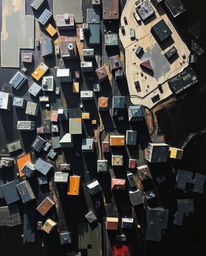 This striking acrylic painting presents an abstract city map composed of geometric forms, utilizing a distinctive split chiar
