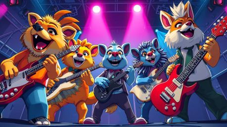 Experience the electrifying energy of a cartoon animal rock band! This captivating image features a low-angle perspective, sh