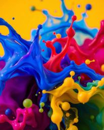 A captivating macro photograph showcasing vibrant ink splashing in water.  The image features complementary colors, dynamic s