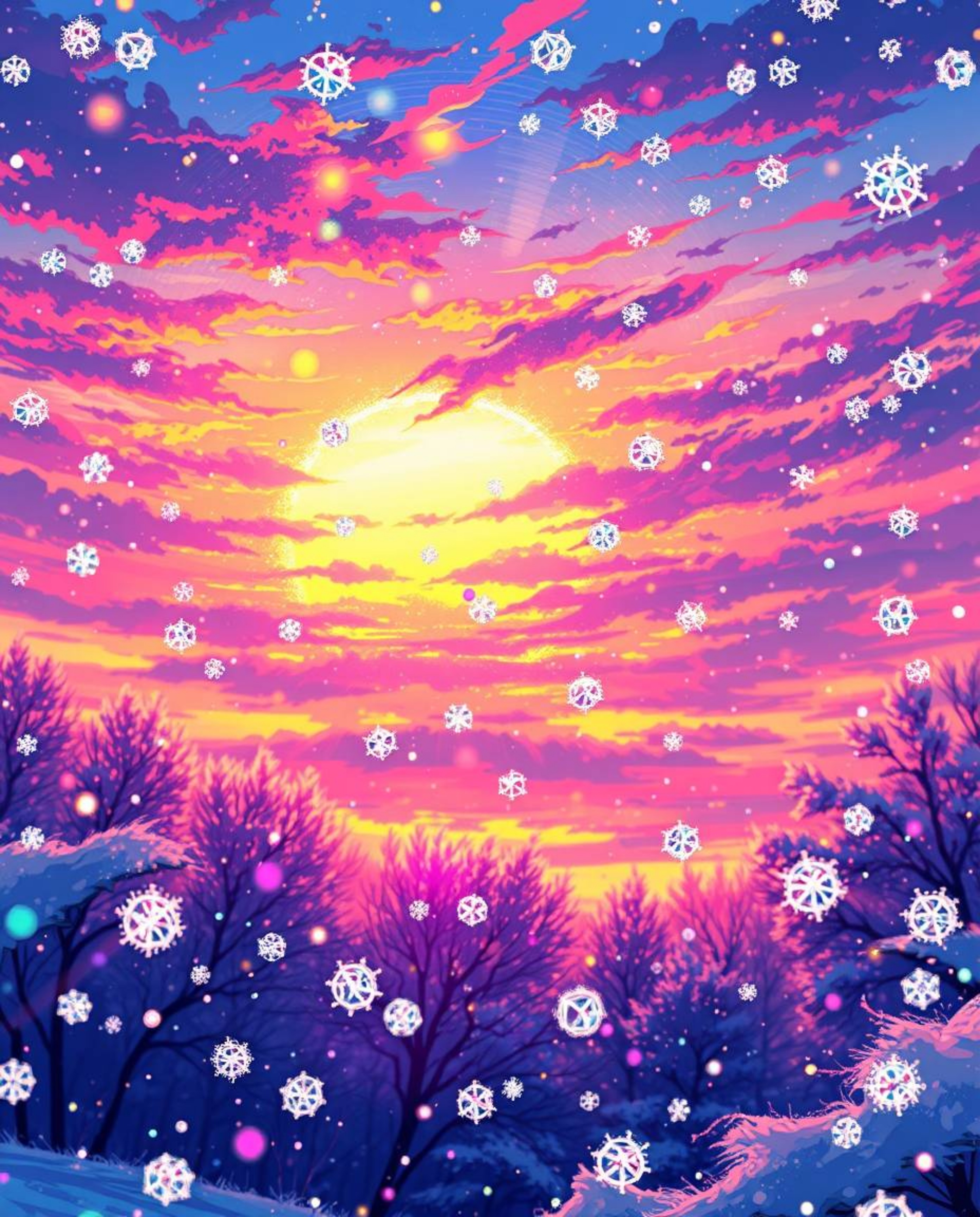 An enchanting Isekai anime-style illustration depicts snowflakes falling during a vibrant sunset. The scene is brought to lif