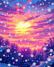 An enchanting Isekai anime-style illustration depicts snowflakes falling during a vibrant sunset. The scene is brought to lif