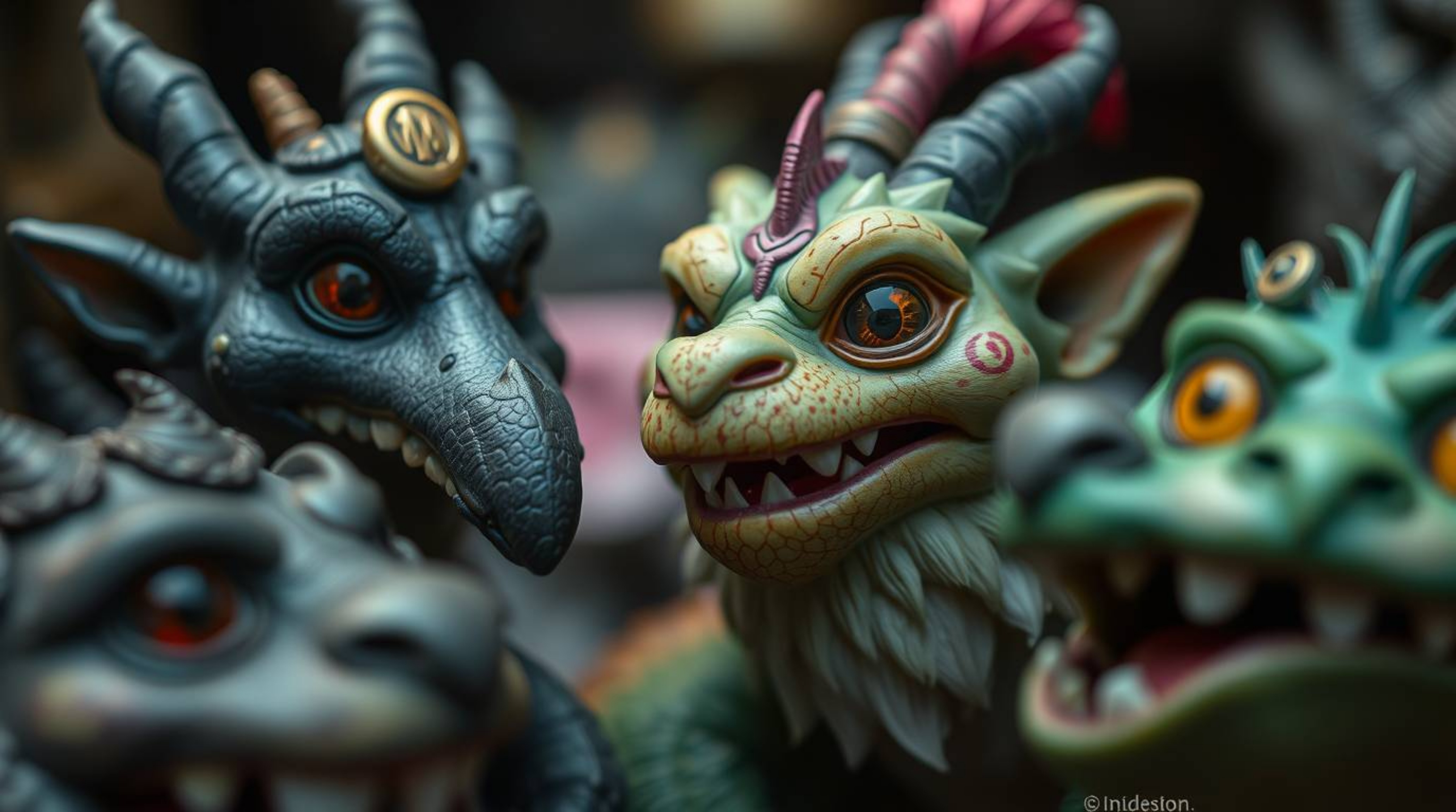 Explore a whimsical fantasy kingdom teeming with quirky magical creatures, captured in a tight close-up shot that reveals the