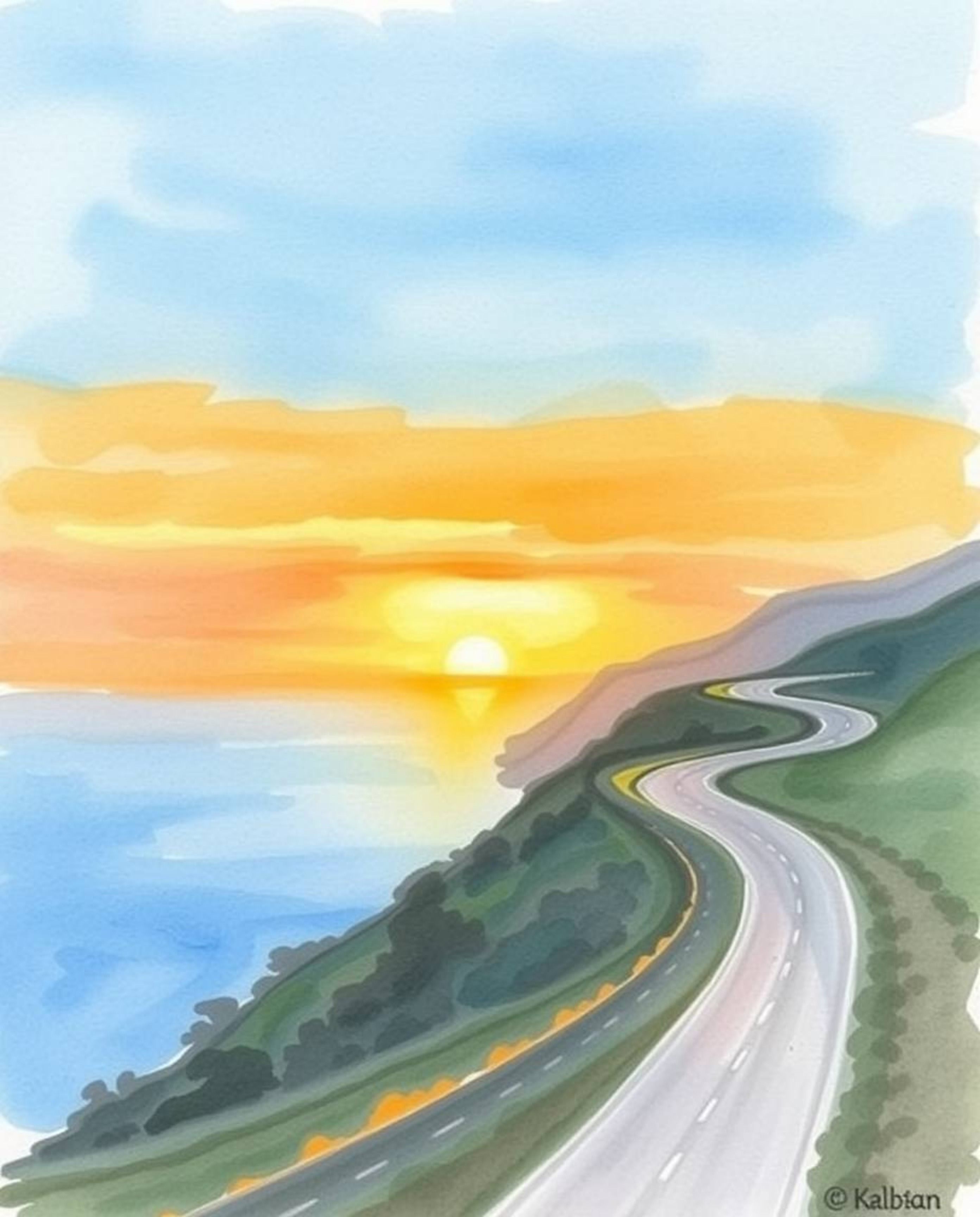 This delicate watercolor painting captures a sunset over a winding coastal highway with a serene and gentle touch. The artist