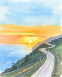This delicate watercolor painting captures a sunset over a winding coastal highway with a serene and gentle touch. The artist
