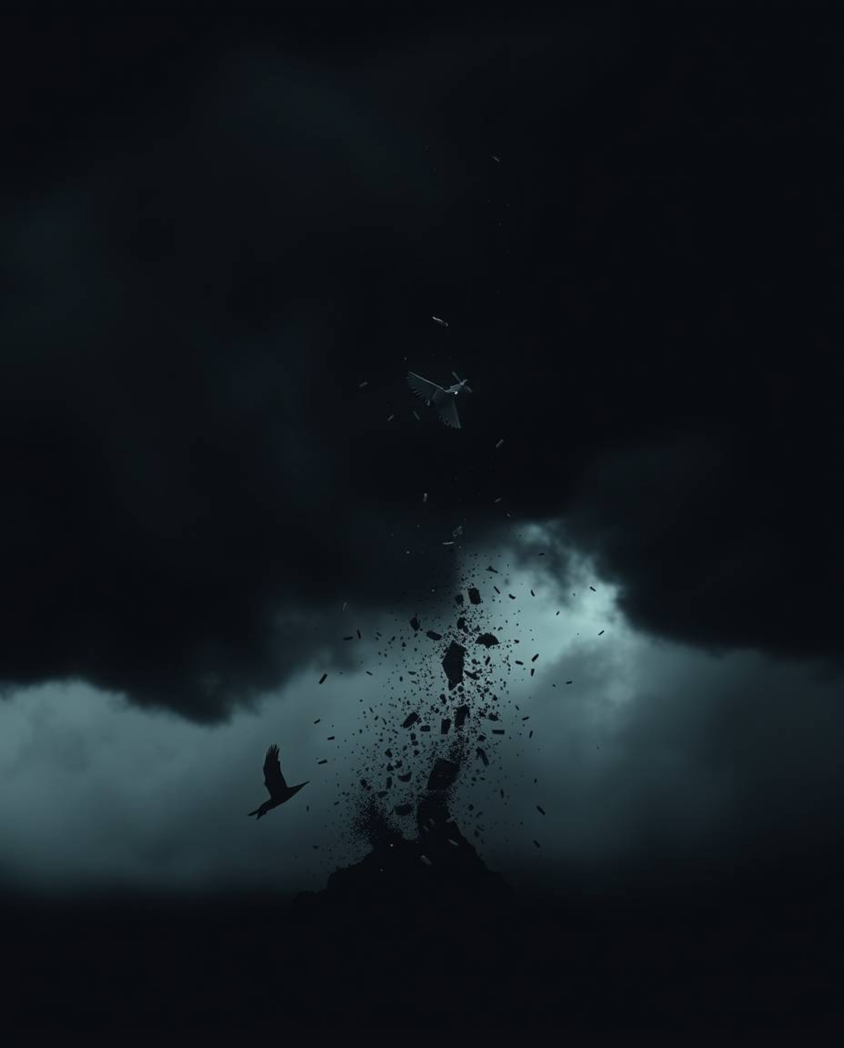 This fine art photograph captures an intense, jet-black surreal storm featuring flying objects and broken gravity, creating a