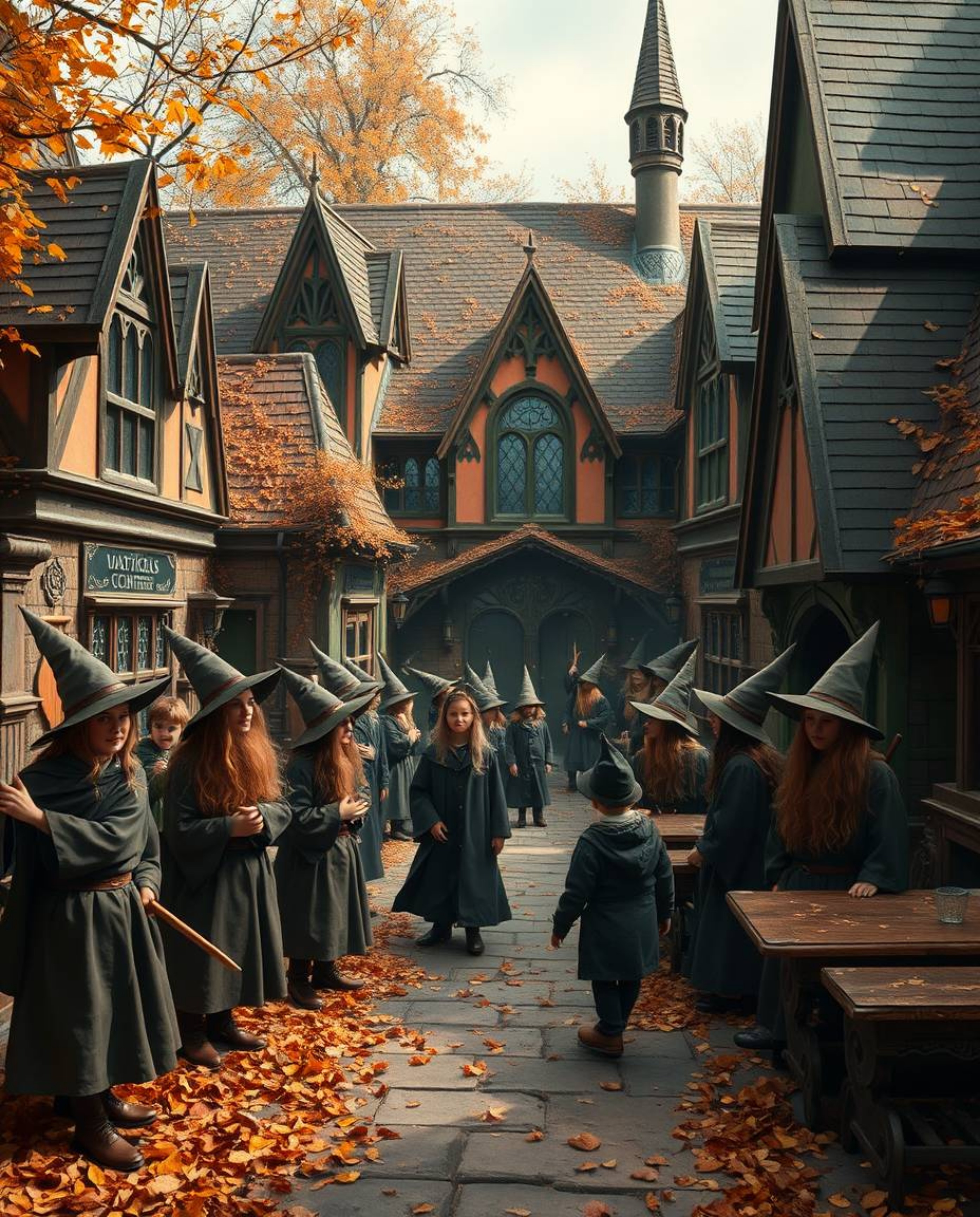 Immerse yourself in a magical school brimming with young wizards, depicted in a warm autumnal palette and rendered in a capti