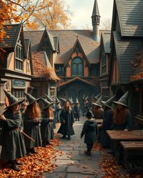 Immerse yourself in a magical school brimming with young wizards, depicted in a warm autumnal palette and rendered in a capti