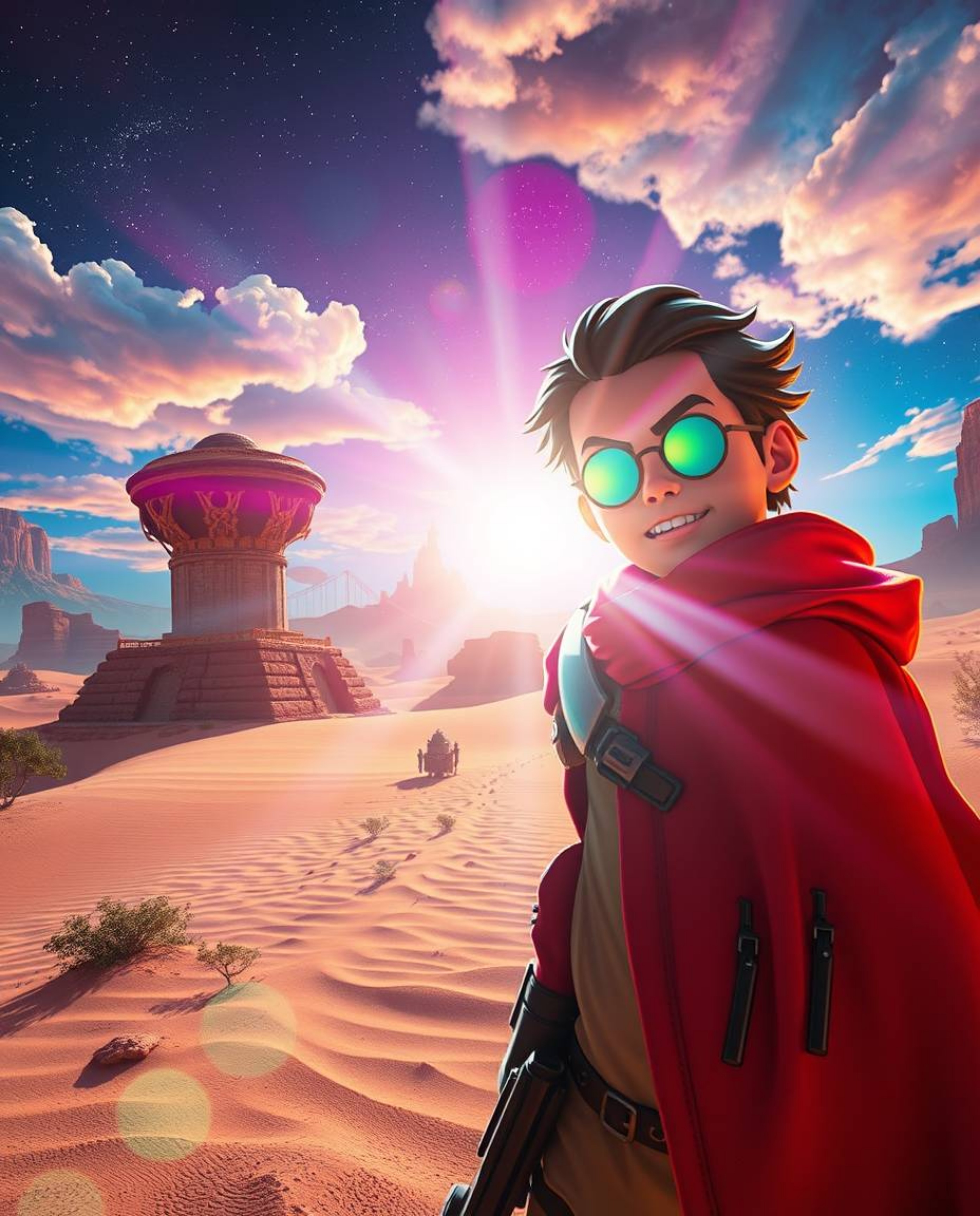 Embark on a dreamlike and surreal desert adventure with a brave Disney-style hero. Experience vibrant colors, bright lens fla