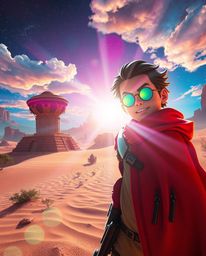Embark on a dreamlike and surreal desert adventure with a brave Disney-style hero. Experience vibrant colors, bright lens fla