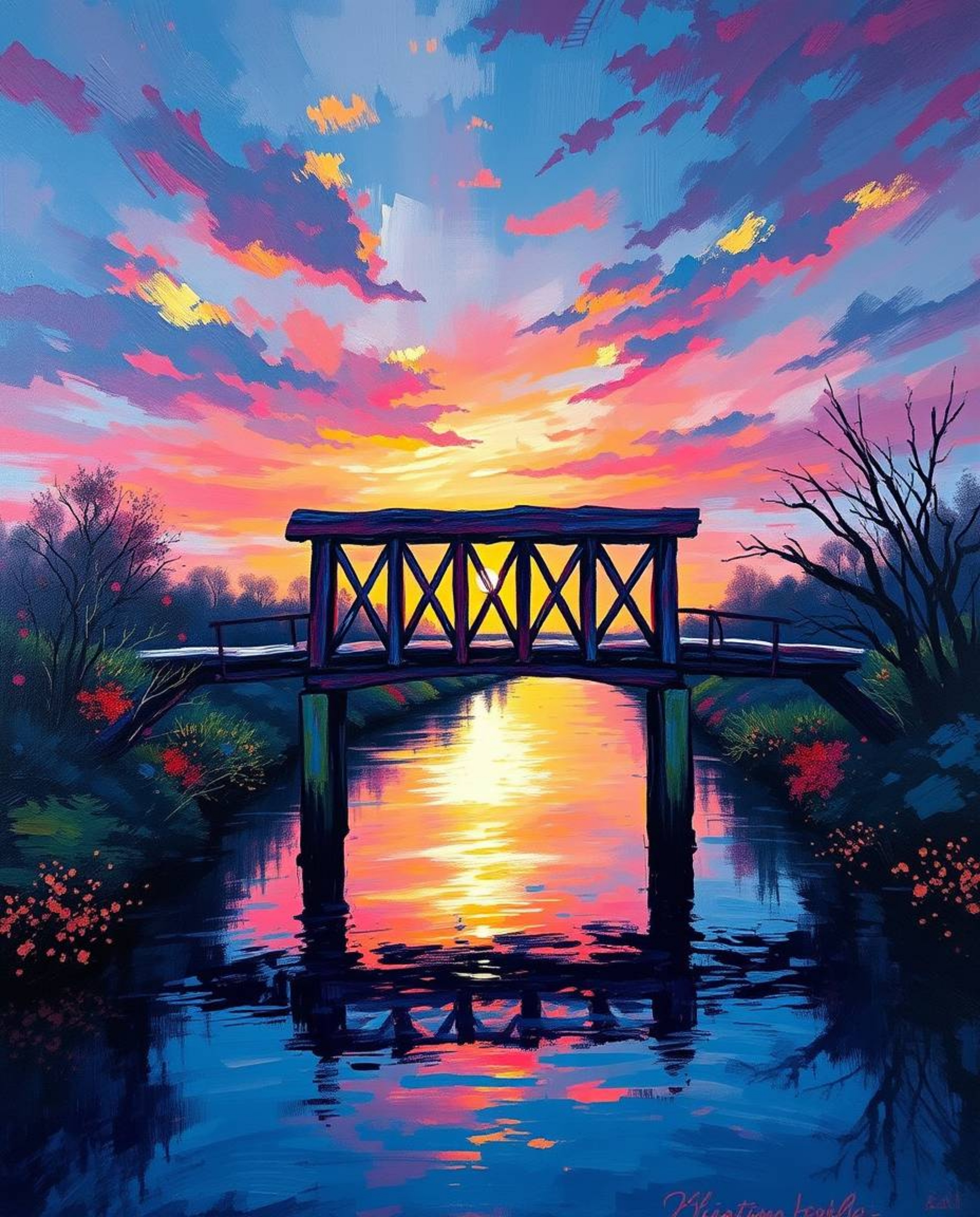An acrylic painting captures an old wooden bridge spanning a river at sunset, rendered in a sophisticated palette of rich bur