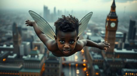 A captivating image of a charming young boy with intensely black hair, soaring above a shadowy London skyline with pixie dust