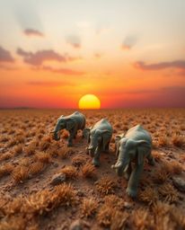 This sculptural clay art piece depicts elephants walking across a field at sunset, uniquely captured from a high-angle, eleva