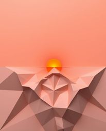 This artwork offers a unique overhead bird's-eye view of a sunset from a high alpine peak, meticulously rendered in an intric