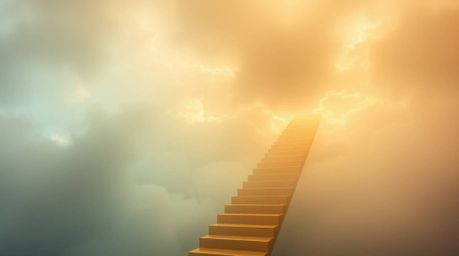Experience a divine and ethereal atmosphere with this artwork showcasing a golden staircase ascending through clouds into a g